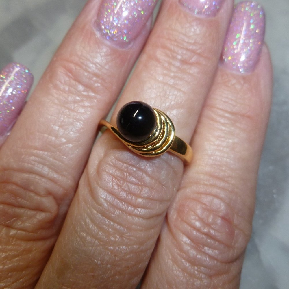 18k Yellow Gold Electroplate Black Onyx Dolphin Ore Ring